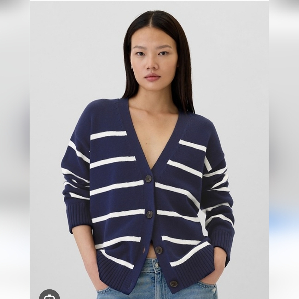 Gap Boyfriend Navy Stripe 100% Cotton V Neck Cardigan Size XL